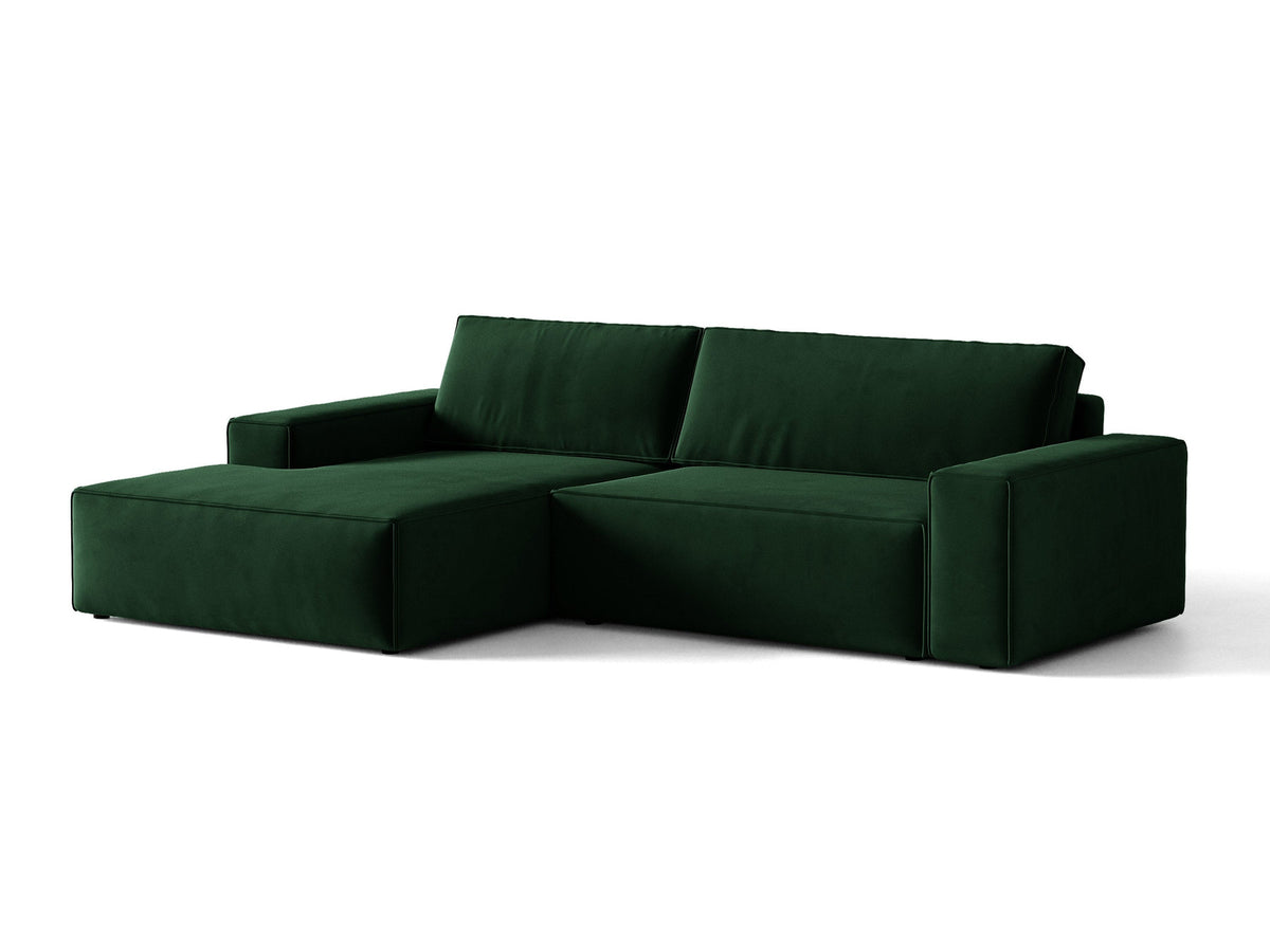 Jodie Velour Ecksofa links mit Schlaffunktion und Stauraumbox 3 Sitzer in Bottle Green-Bluvel präsentiert im Onlineshop von KAQTU Design AG. Bettsofa links ist von Micadoni