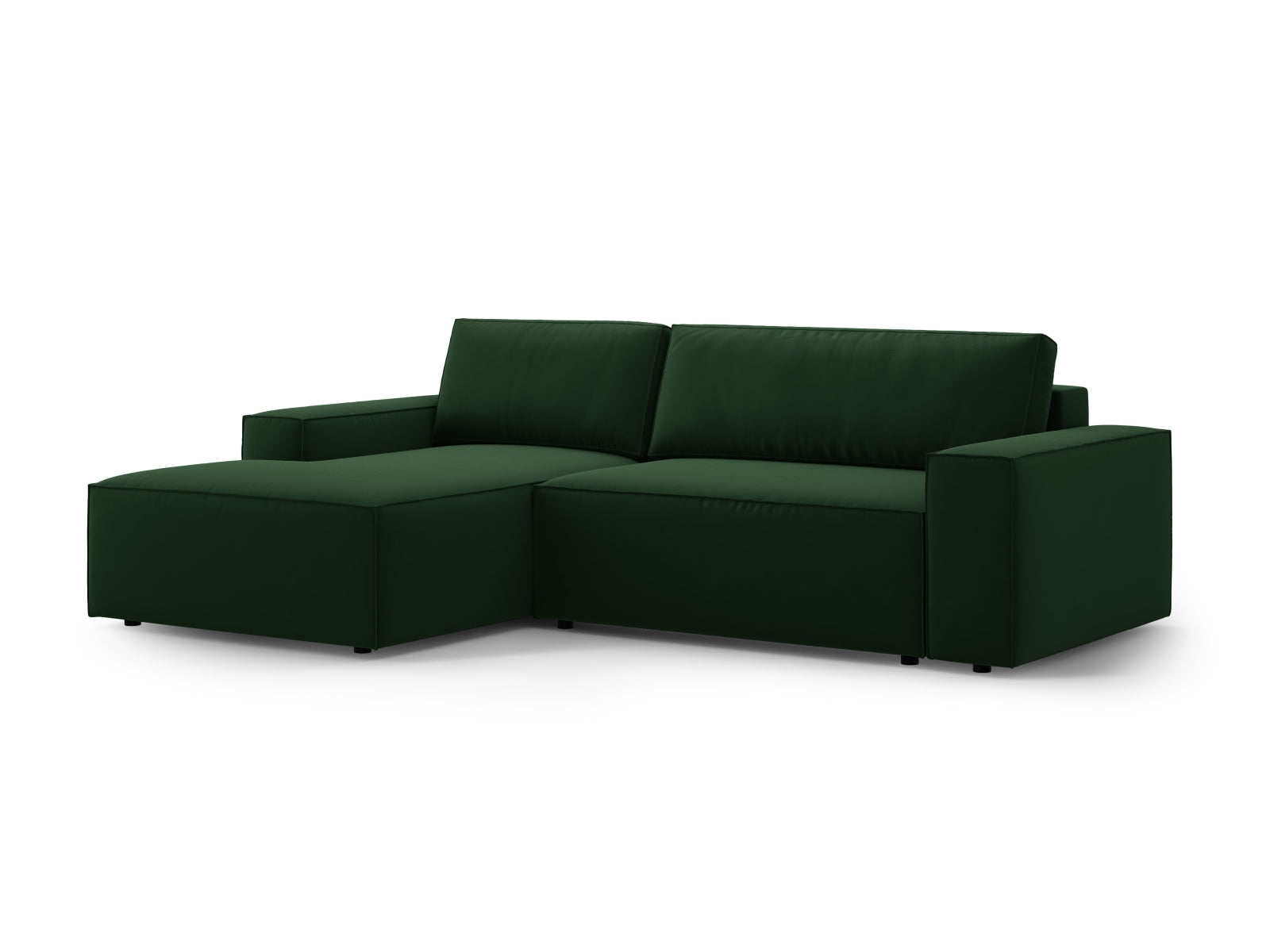 Modernes Jodie Velour Ecksofa in tiefem Grün, linksseitig, bietet Schlaffunktion und praktischen Stauraum für vielseitige Nutzung.