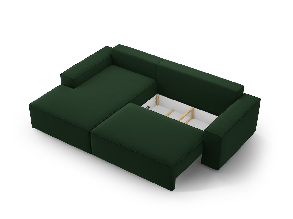 Jodie Velour Ecksofa links mit Schlaffunktion und Stauraumbox 3 Sitzer in Bottle Green-Bluvel präsentiert im Onlineshop von KAQTU Design AG. Bettsofa links ist von Micadoni