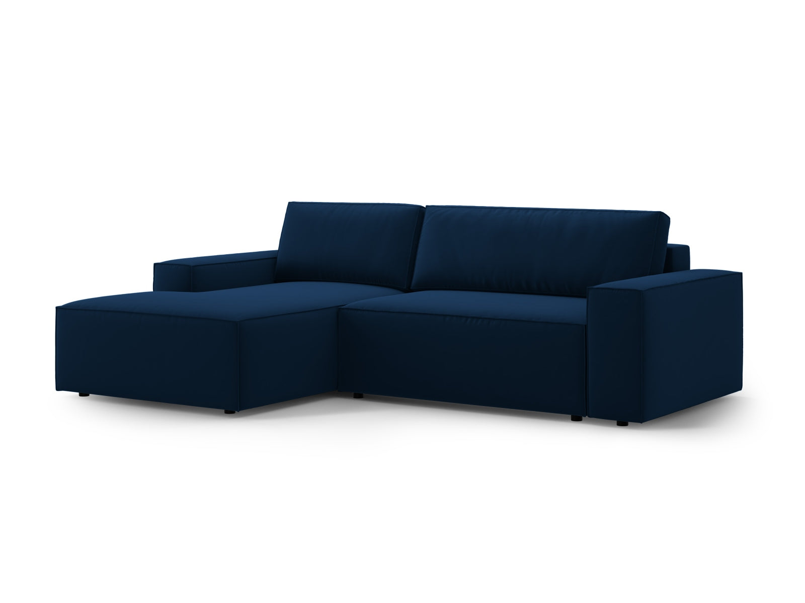 Modernes Jodie Velour Ecksofa in Royal Blue, linksseitig, bietet Schlaffunktion und praktischen Stauraum für vielseitige Nutzung.