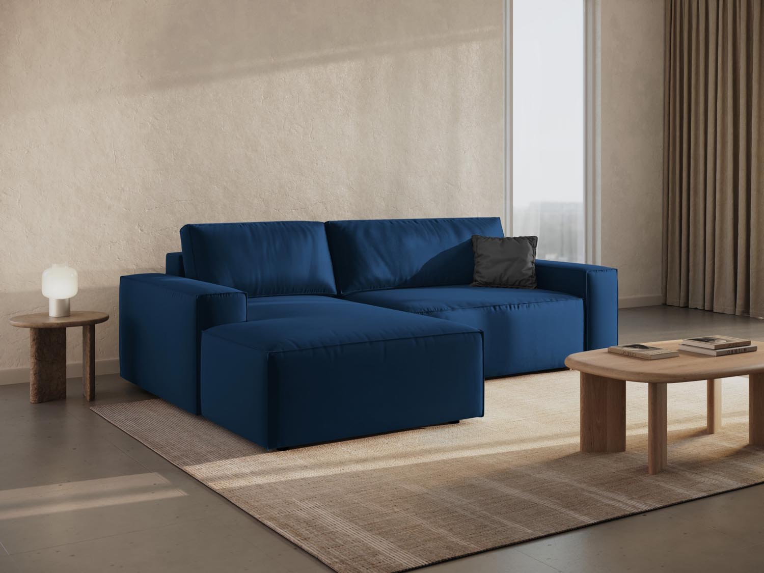 Elegantes Jodie Velour Ecksofa in Royal Blue, linksseitig mit Schlaffunktion und Stauraum, ideal für stilvolle Wohnräume.