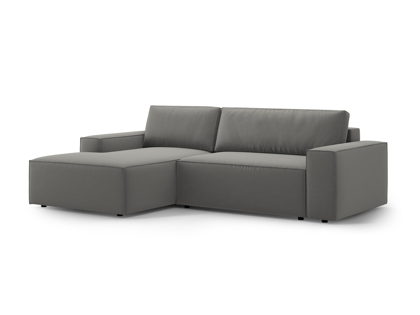 Modernes Jodie Velour Ecksofa links in sanftem Hellgrau, ausgestattet mit Schlaffunktion und praktischer Stauraumbox für zusätzlichen Komfort.