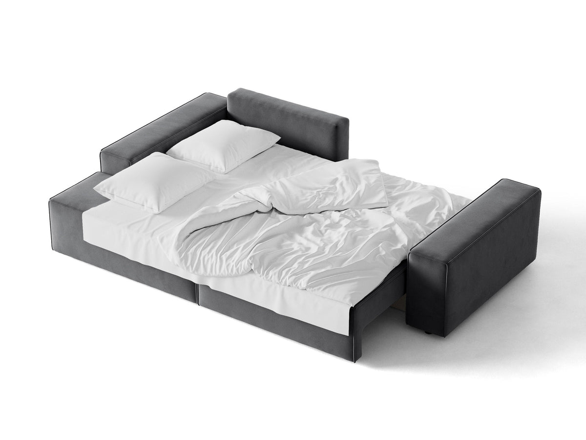 Jodie Velour Ecksofa links mit Schlaffunktion und Stauraumbox 3 Sitzer in Grey-Bluvel präsentiert im Onlineshop von KAQTU Design AG. Bettsofa links ist von Micadoni