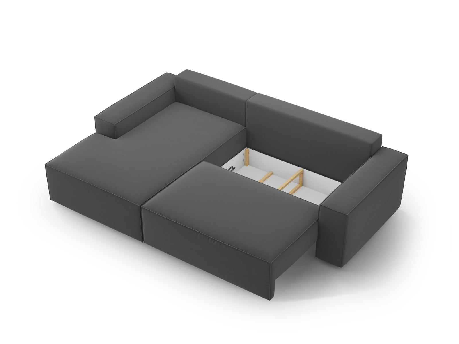Modernes Jodie Velour Ecksofa links in edlem Grau-Blau, perfekt für Gästeübernachtungen und mit zusätzlichem Stauraum für Kissen und Decken.