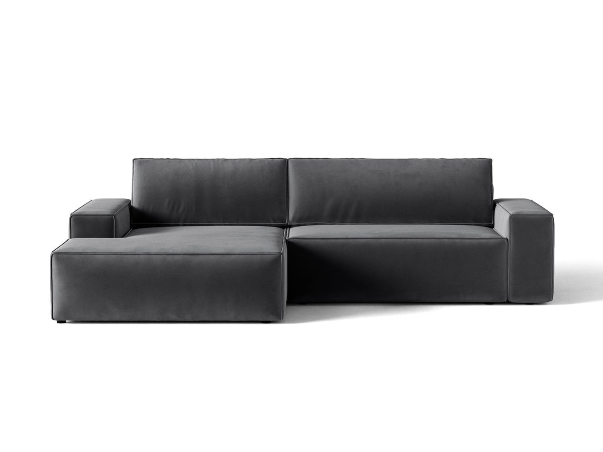 Jodie Velour Ecksofa links mit Schlaffunktion und Stauraumbox 3 Sitzer in Grey-Bluvel präsentiert im Onlineshop von KAQTU Design AG. Bettsofa links ist von Micadoni