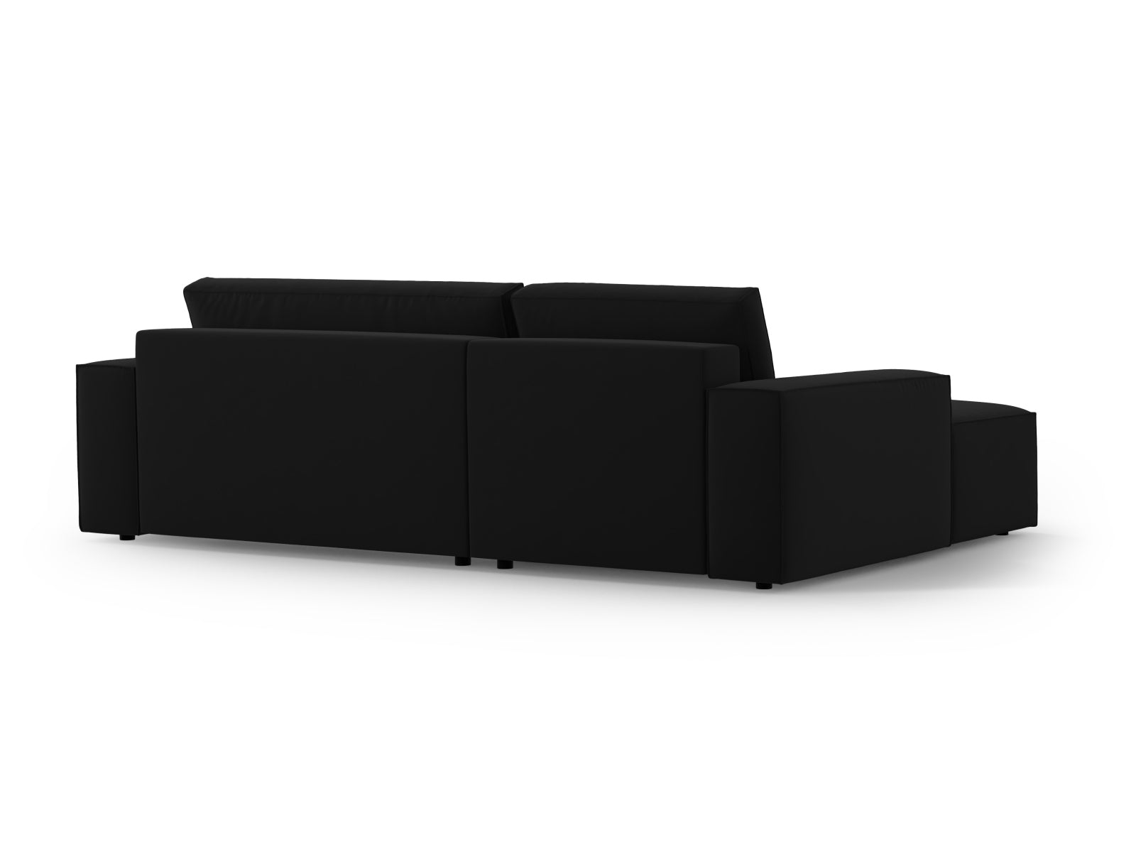 Elegantes Jodie Velour Ecksofa links in stilvollem Schwarz-Bluvel, ideal für entspannte Abende und zusätzlichen Stauraum.