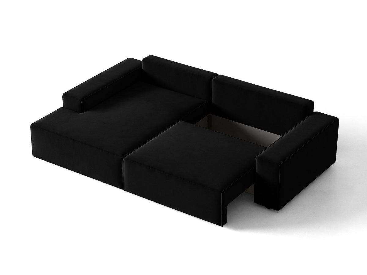 Jodie Velour Ecksofa links mit Schlaffunktion und Stauraumbox 3 Sitzer in Black-Bluvel präsentiert im Onlineshop von KAQTU Design AG. Bettsofa links ist von Micadoni