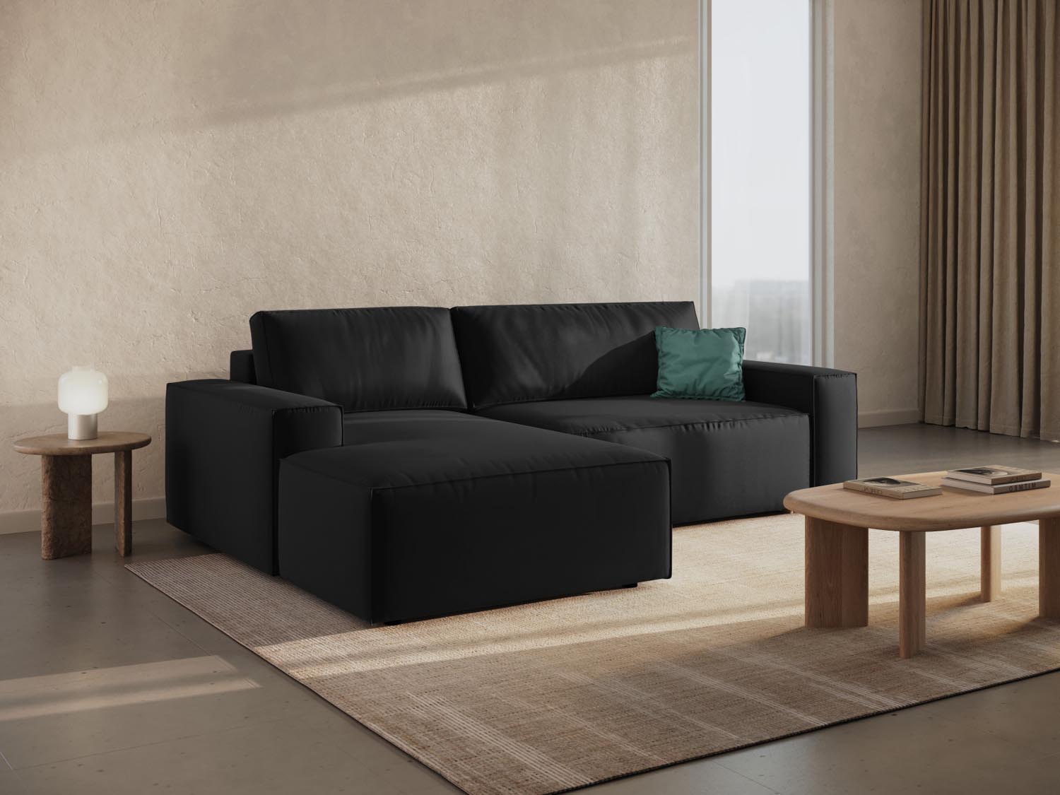Elegantes Jodie Velour Ecksofa links in stilvollem Schwarz-Bluvel, ideal für Schlafkomfort und praktischen Stauraum.