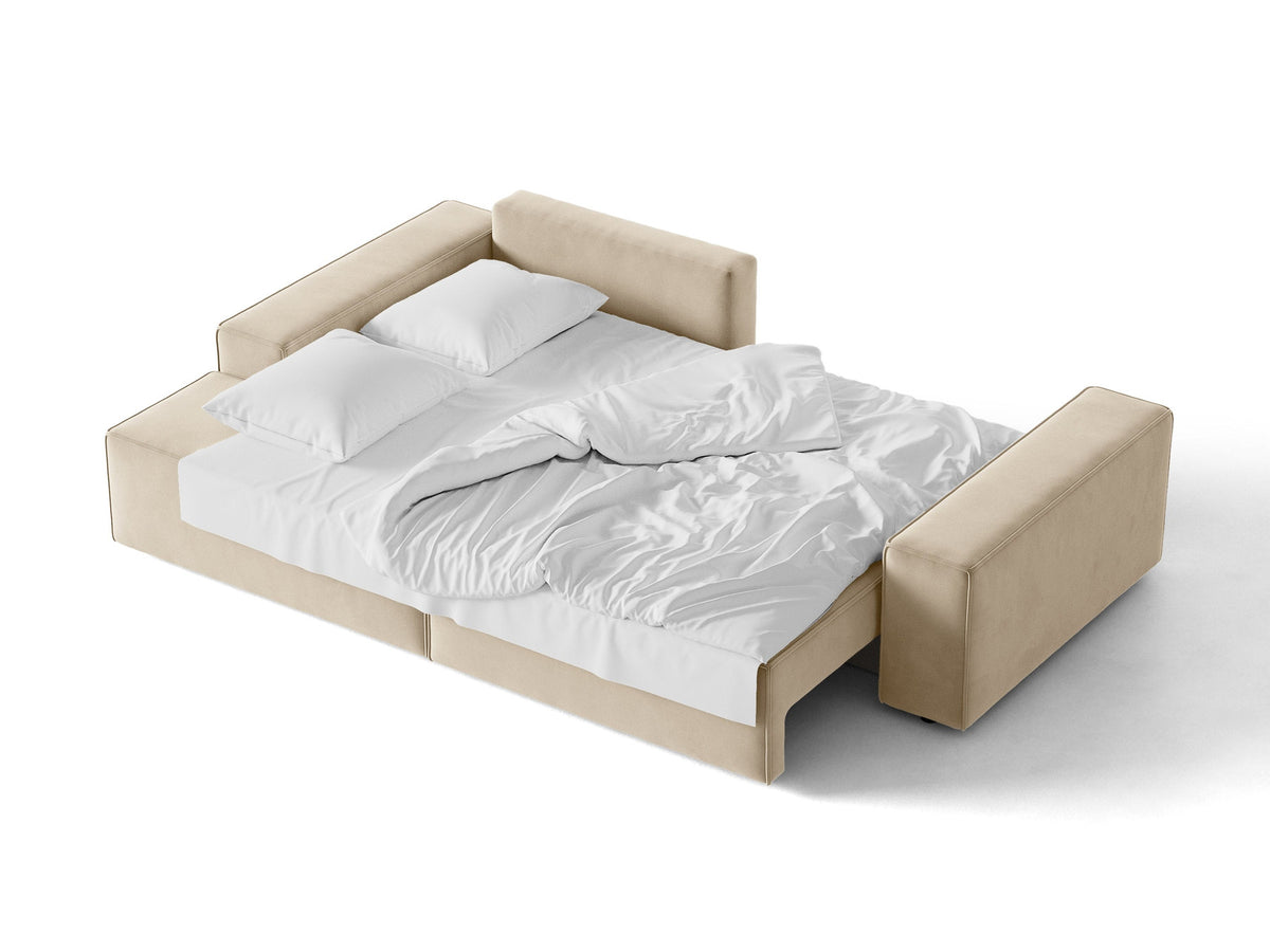 Jodie Velour Ecksofa links mit Schlaffunktion und Stauraumbox 3 Sitzer in Dark Beige-Bluvel präsentiert im Onlineshop von KAQTU Design AG. Bettsofa links ist von Micadoni