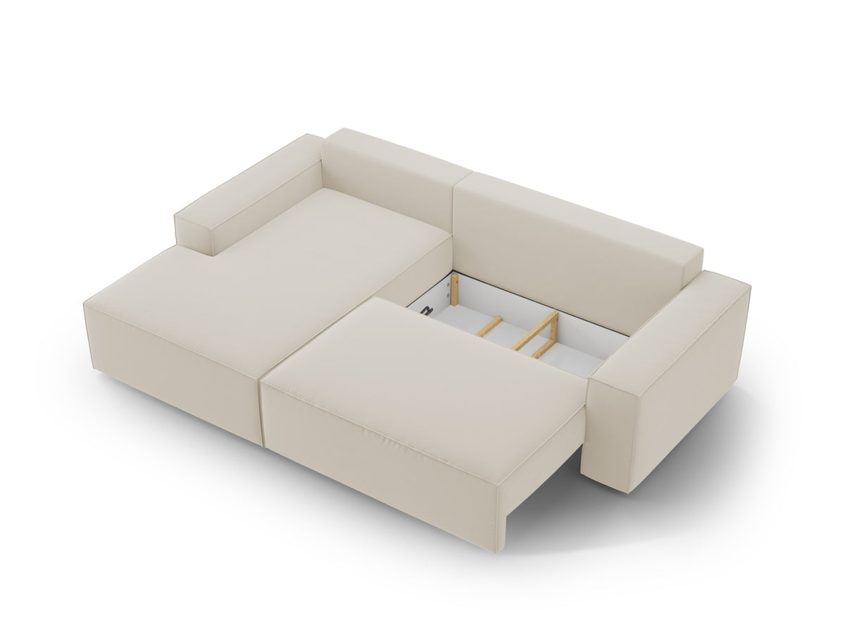 Jodie Velour Ecksofa links mit Schlaffunktion und Stauraumbox 3 Sitzer in Dark Beige-Bluvel präsentiert im Onlineshop von KAQTU Design AG. Bettsofa links ist von Micadoni