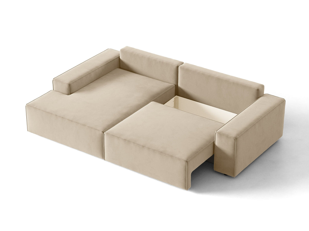 Jodie Velour Ecksofa links mit Schlaffunktion und Stauraumbox 3 Sitzer in Dark Beige-Bluvel präsentiert im Onlineshop von KAQTU Design AG. Bettsofa links ist von Micadoni
