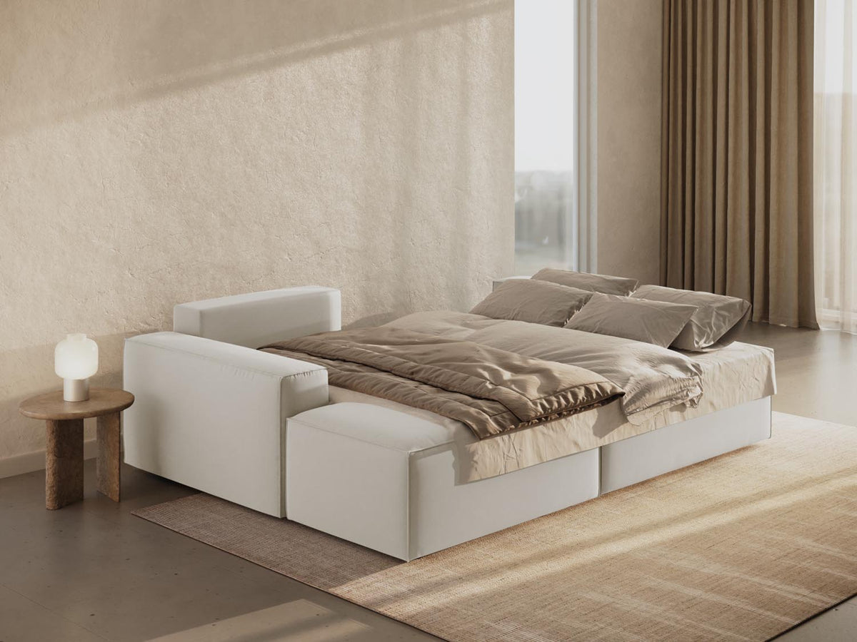 Jodie Velour Ecksofa links mit Schlaffunktion und Stauraumbox 3 Sitzer in Dark Beige-Bluvel präsentiert im Onlineshop von KAQTU Design AG. Bettsofa links ist von Micadoni