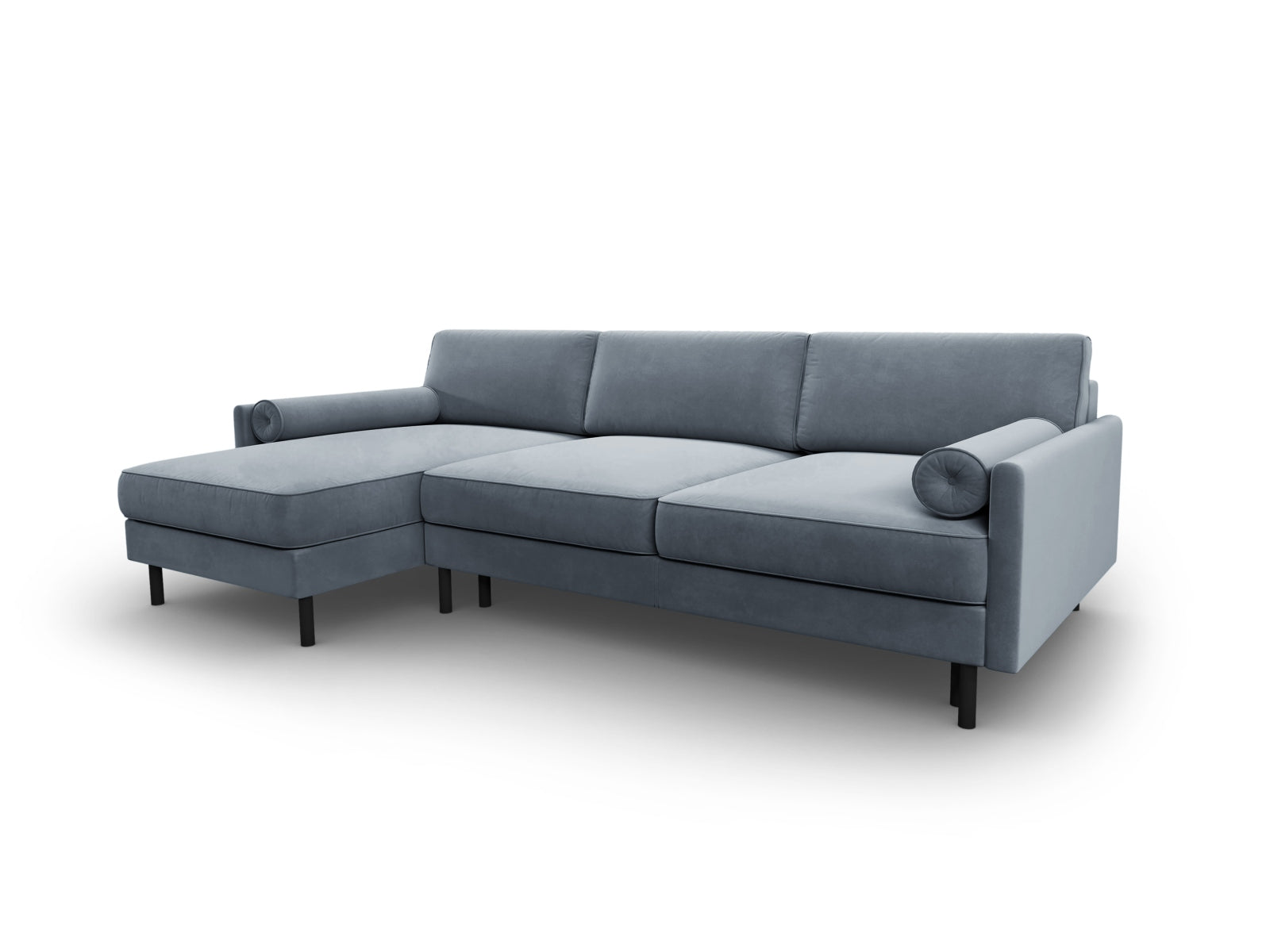 Modernes Scott Velour Ecksofa in sanftem Hellblau, 5-Sitzer mit praktischer Schlaffunktion und integriertem Stauraum für zusätzlichen Komfort.