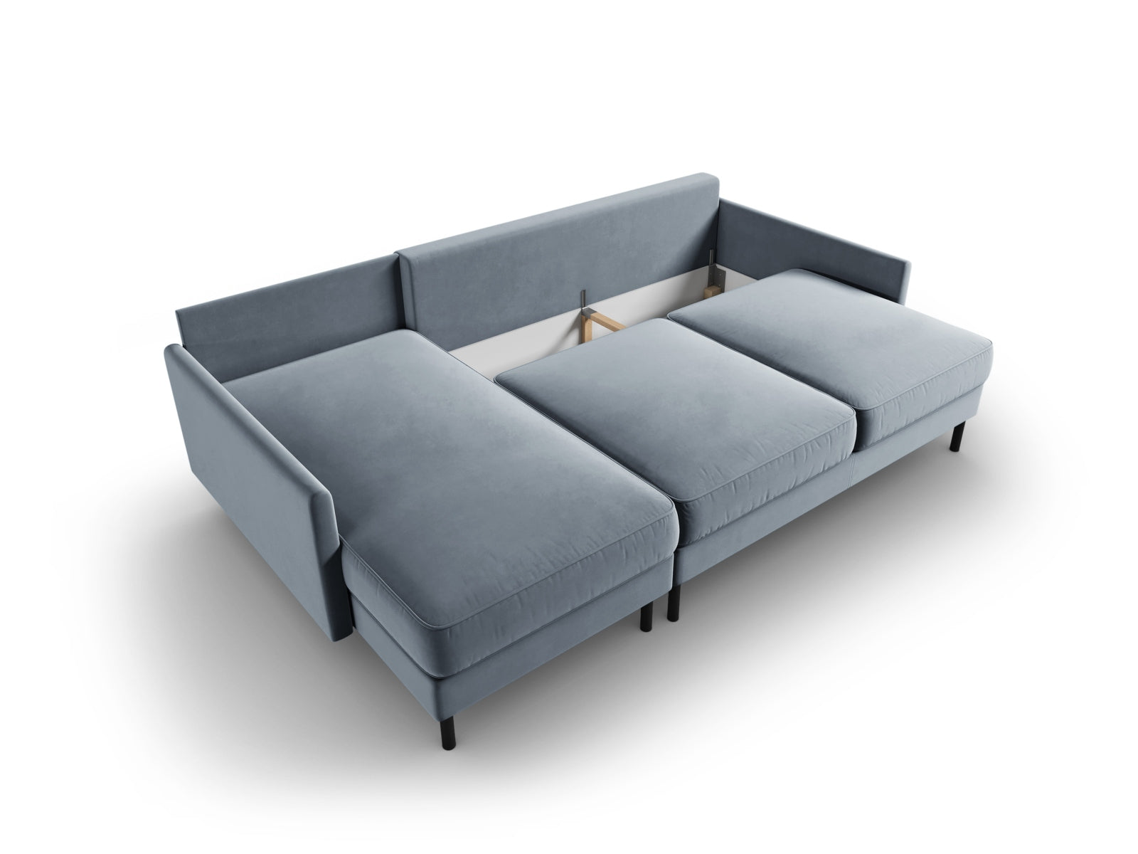 Elegantes Scott Velour Ecksofa in zartem Hellblau, 5-Sitzer mit praktischer Schlaffunktion und cleverem Stauraum für mehr Gemütlichkeit.