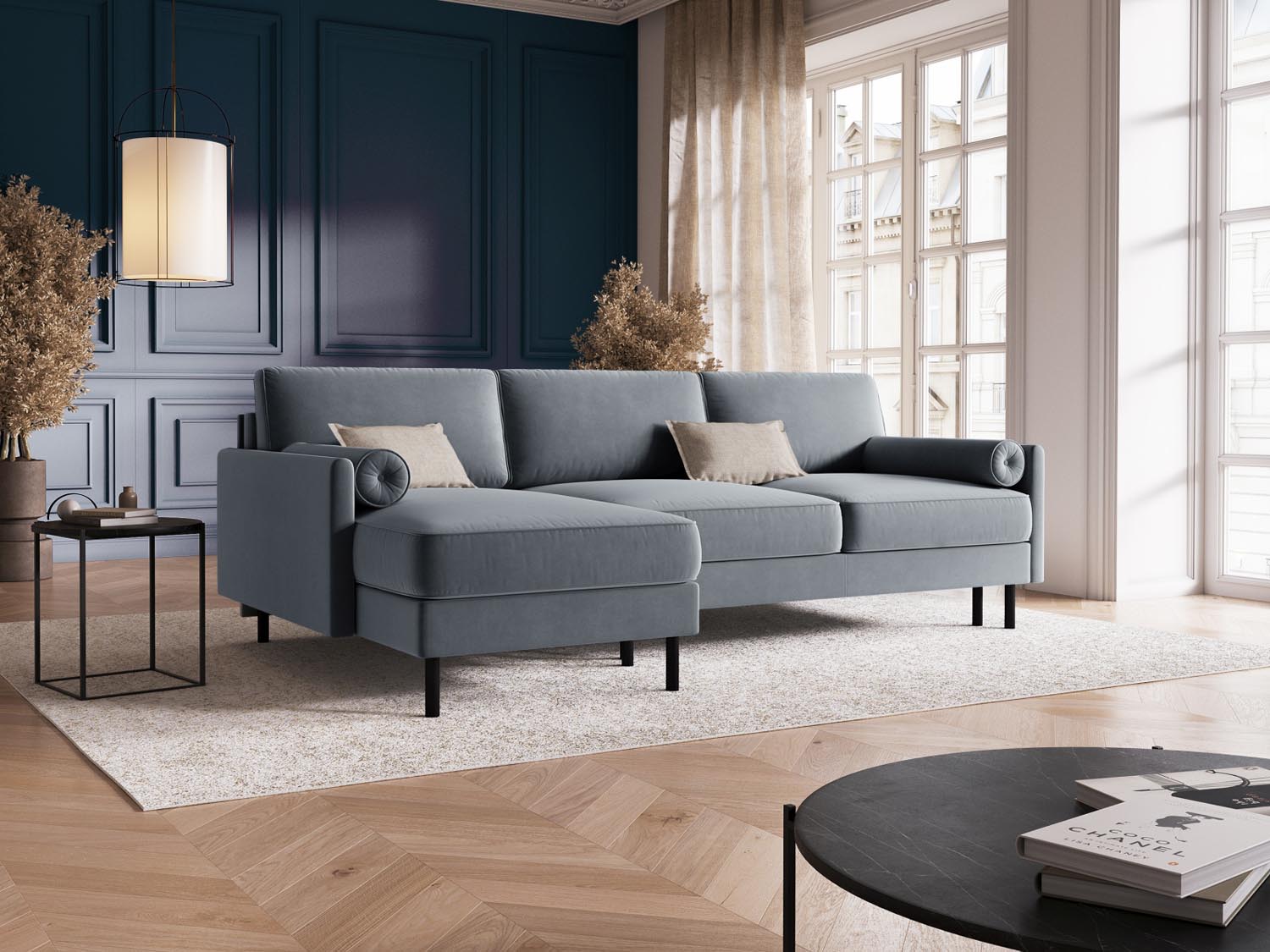 Elegantes Scott Velour Ecksofa in Hellblau, 5-Sitzer mit Schlaffunktion und Stauraum, ideal für stilvolle Wohnräume.