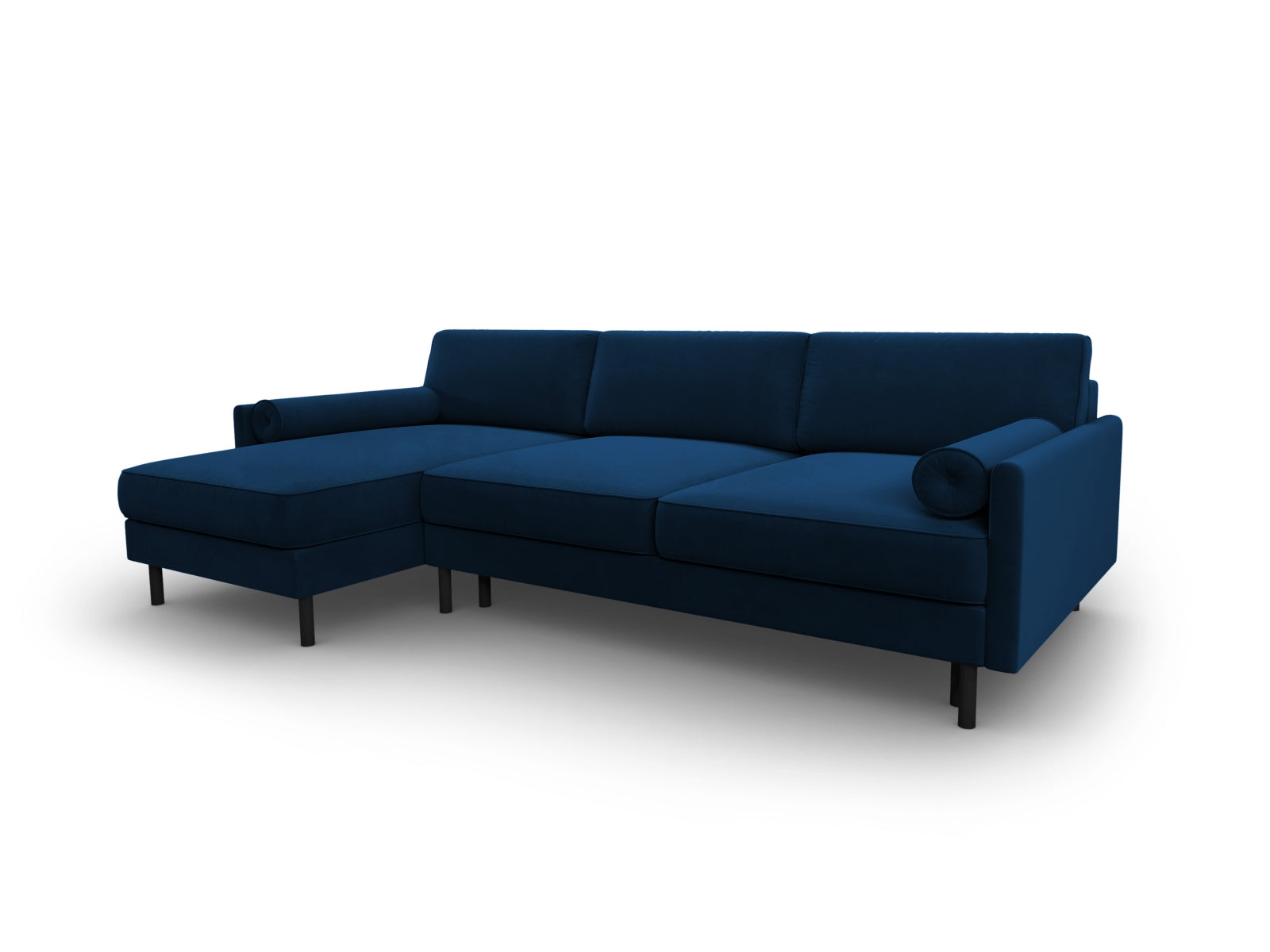 Modernes Scott Velour Ecksofa in Royal Blue, 5-Sitzer mit praktischer Schlaffunktion und integriertem Stauraum, perfekt für gemütliche Abende.