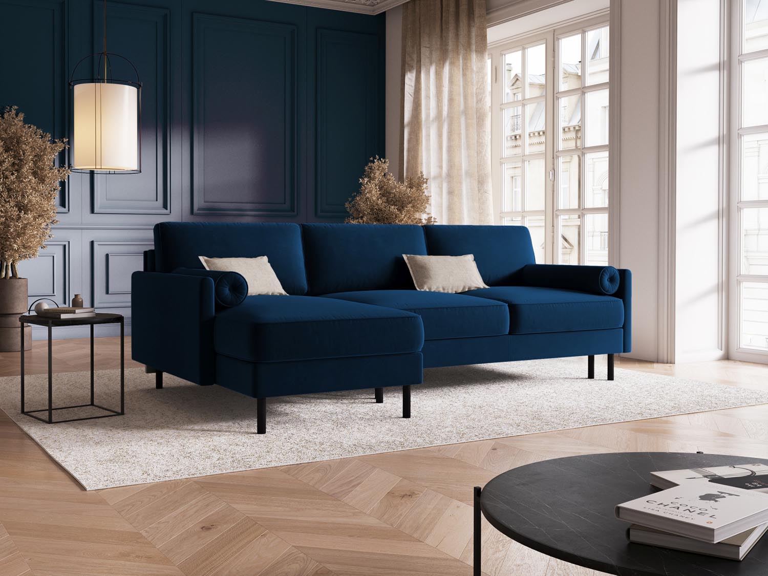 Elegantes Scott Velour Ecksofa in Royal Blue, 5-Sitzer mit Schlaffunktion und Stauraum, ideal für stilvolle Wohnräume.