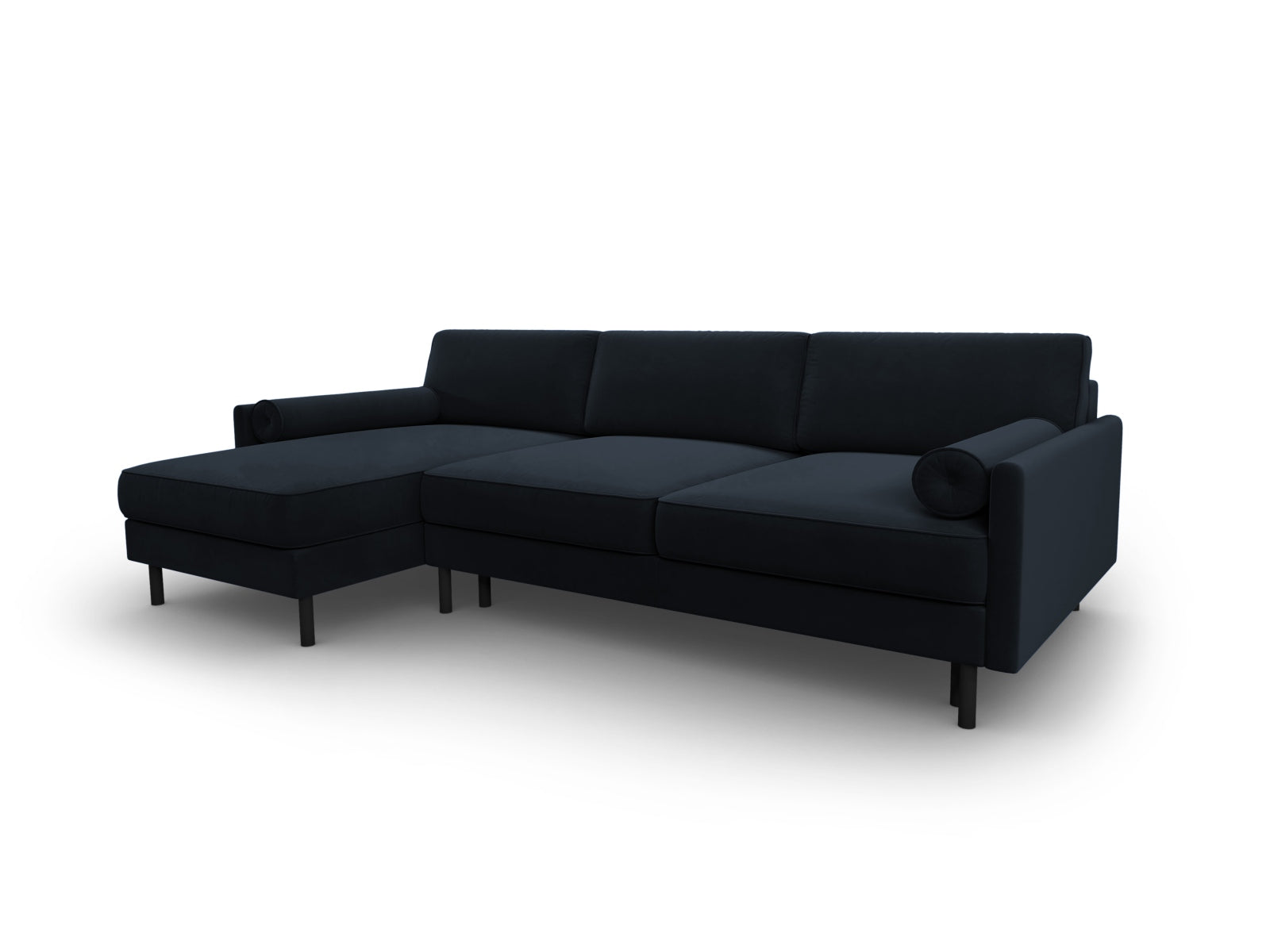 Modernes Scott Velour Ecksofa in Dunkelblau, 5-Sitzer mit Schlafoption und integriertem Stauraum, perfekt für gemütliche Abende.