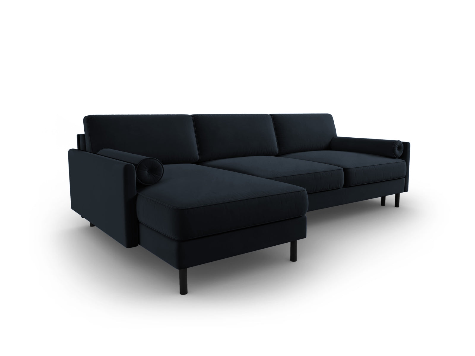 Elegantes, dunkelblaues Scott Velour Ecksofa mit Schlaffunktion und Stauraum, ideal für stilvolle Wohnräume und entspannte Nächte.
