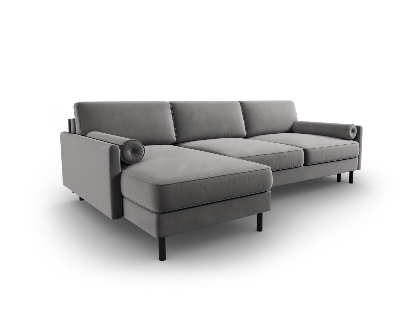 Modernes 5-Sitzer Ecksofa in sanftem Hellgrau aus Scott Velour, ideal für Gästeübernachtungen und mit praktischem Stauraum.