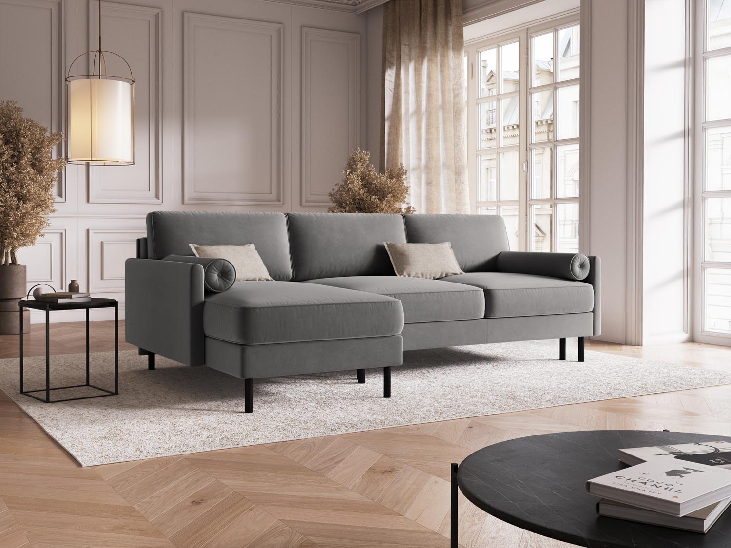 Stylisches Scott Velour Ecksofa in Hellgrau mit Schlaffunktion und Stauraum, ideal für moderne Wohnräume und gemütliche Abende.