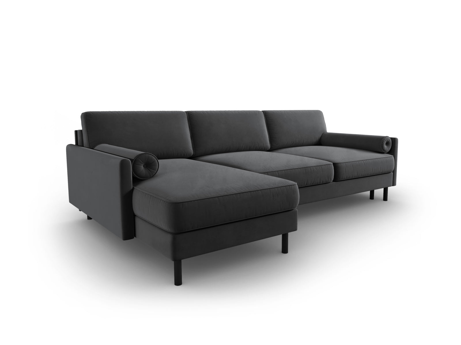 Stylisches Scott Velour Ecksofa in Grau-Blau, 5-Sitzer mit Schlafoption und Stauraum, ideal für entspannte Stunden und Gästeübernachtungen.