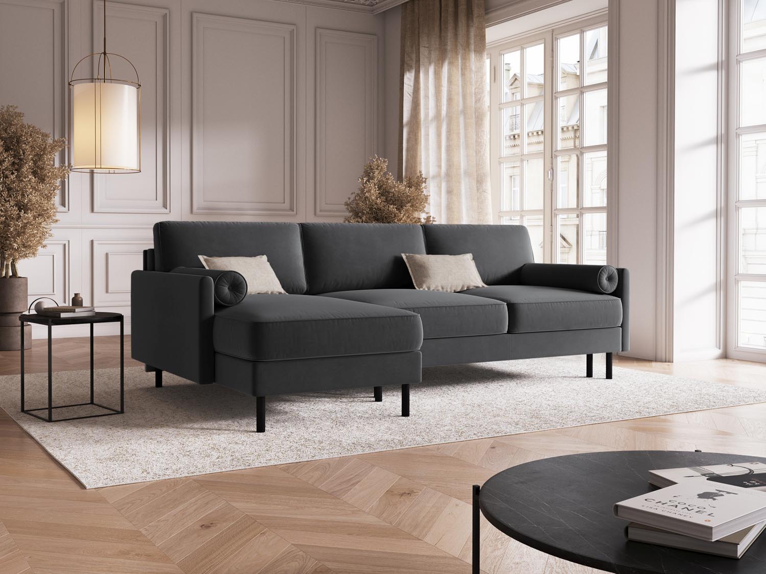 Elegantes Scott Velour Ecksofa in Grau-Blau, 5-Sitzer mit Schlaffunktion und Stauraum, ideal für stilvolle Wohnräume.