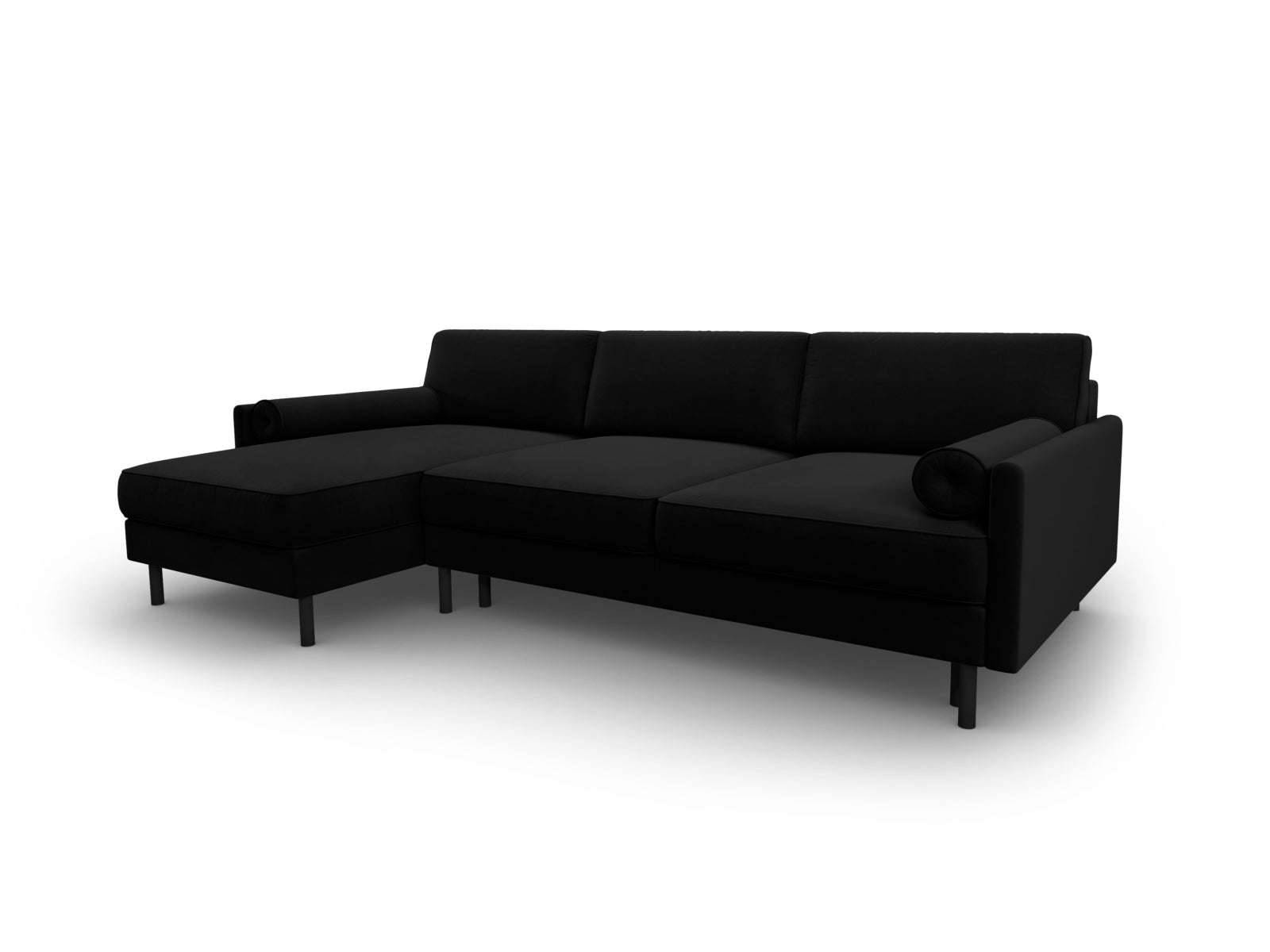 Modernes Scott Velour Ecksofa in Schwarz-Bluvel, 5-Sitzer mit praktischer Schlaffunktion und integriertem Stauraum, perfekt für gemütliche Abende.