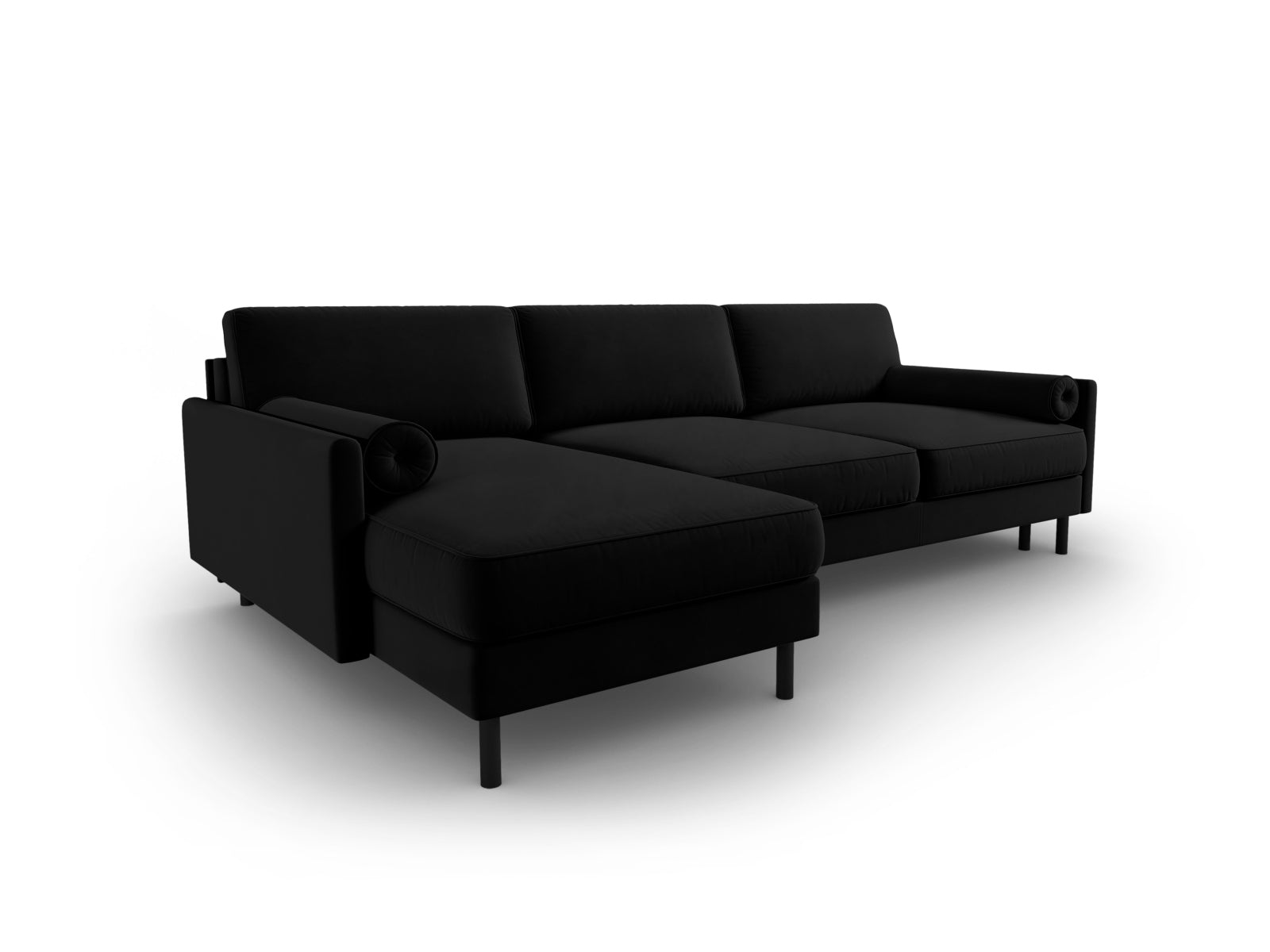 Elegantes Scott Velour Ecksofa in Schwarz-Bluvel, 5-Sitzer mit cleverer Schlaffunktion und Stauraum für zusätzlichen Komfort und Stil.