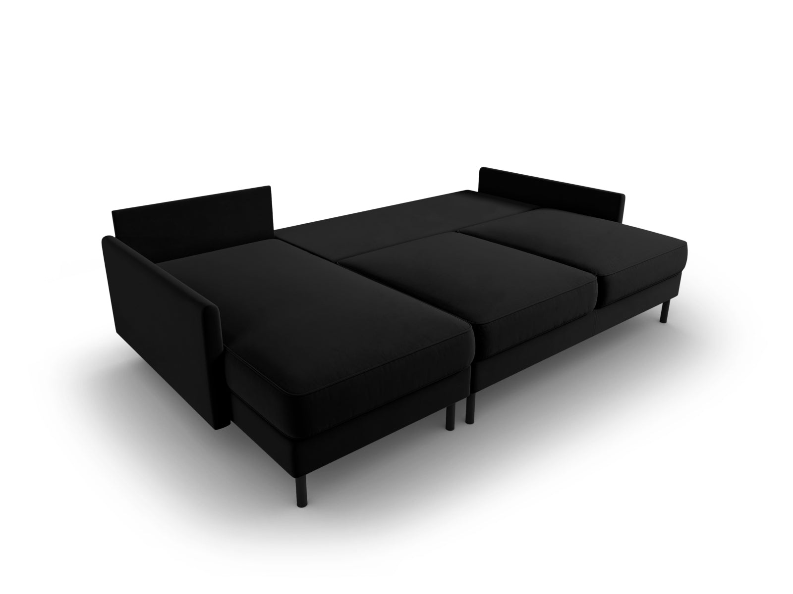 Modernes Scott Velour Ecksofa in Schwarz-Bluvel, 5-Sitzer mit praktischer Schlaffunktion und integriertem Stauraum für optimalen Komfort.