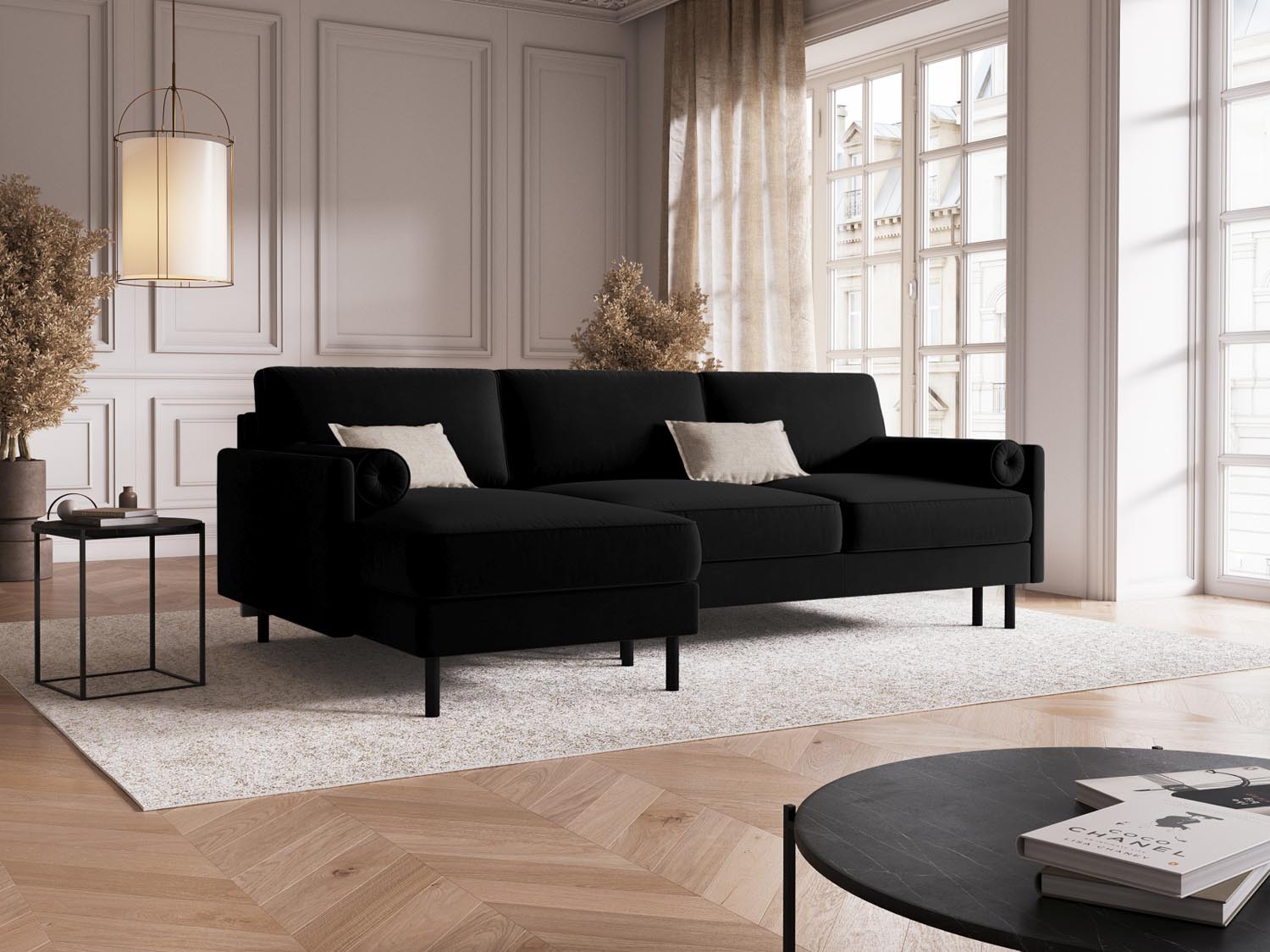 Elegantes Scott Velour Ecksofa in Schwarz-Bluvel, 5-Sitzer mit Schlaffunktion und Stauraum, ideal für stilvolle Wohnräume.