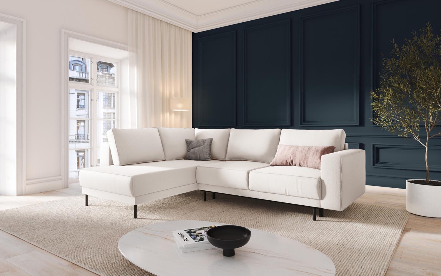 Entdecken Sie das stilvolle Caro Ecksofa von Micadoni – ein 5-Sitzer mit Schlaffunktion links, ideal für gemütliche Abende und moderne Wohnkonzepte.