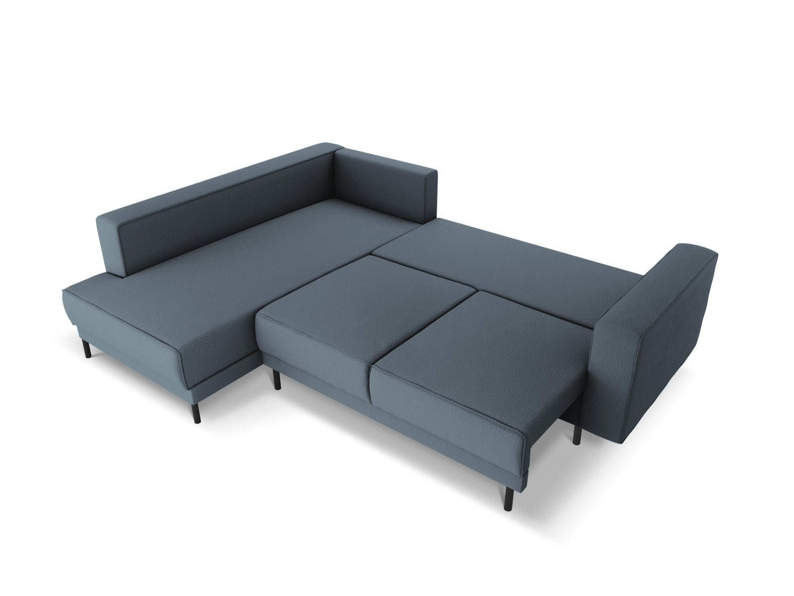 Modernes Caro Ecksofa in stilvollem Blau, 5-Sitzer mit linksseitiger Schlaffunktion, ideal für gemütliche Abende und Gästeübernachtungen.