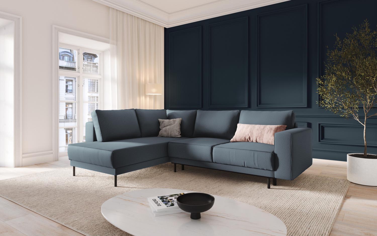 Stylisches Caro Ecksofa in Blau mit Schlaffunktion, ideal für gemütliche Abende und als Schlafgelegenheit, präsentiert in modernem Ambiente.