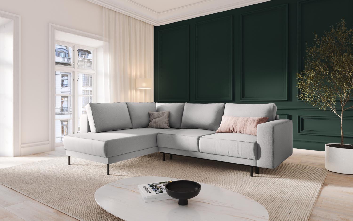 Stylisches Caro Ecksofa in Hellgrau mit Schlaffunktion, ideal für gemütliche Abende und als Schlafgelegenheit, präsentiert von Micadoni.
