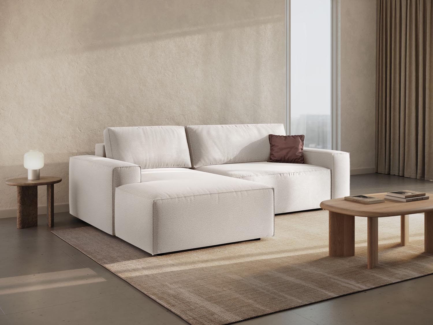 Stylisches Jodie Ecksofa links in Light Beige mit praktischer Schlaffunktion und Stauraum, ideal für moderne Wohnräume.