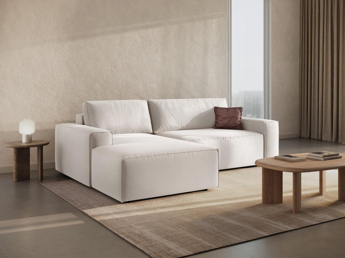 Jodie Ecksofa links mit Schlaffunktion und Stauraumbox 3 Sitzer in Light Beige-Megan präsentiert im Onlineshop von KAQTU Design AG. Bettsofa links ist von Micadoni