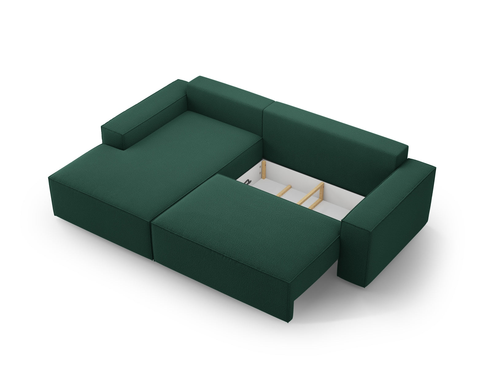 Elegantes Jodie Ecksofa links mit praktischer Schlaffunktion und Stauraum, perfekt für stilvolle und funktionale Wohnbereiche.