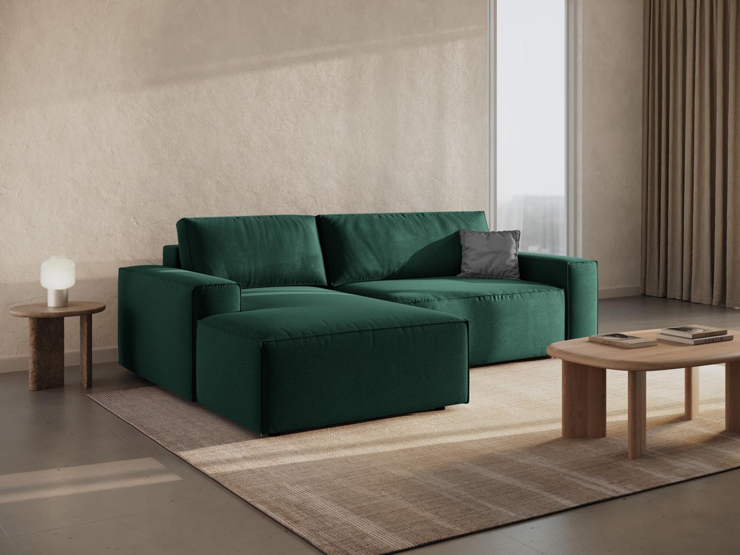 Modernes Jodie Ecksofa links in stilvollem Grün, ausgestattet mit Schlaffunktion und Stauraum, ideal für jedes Wohnzimmer.