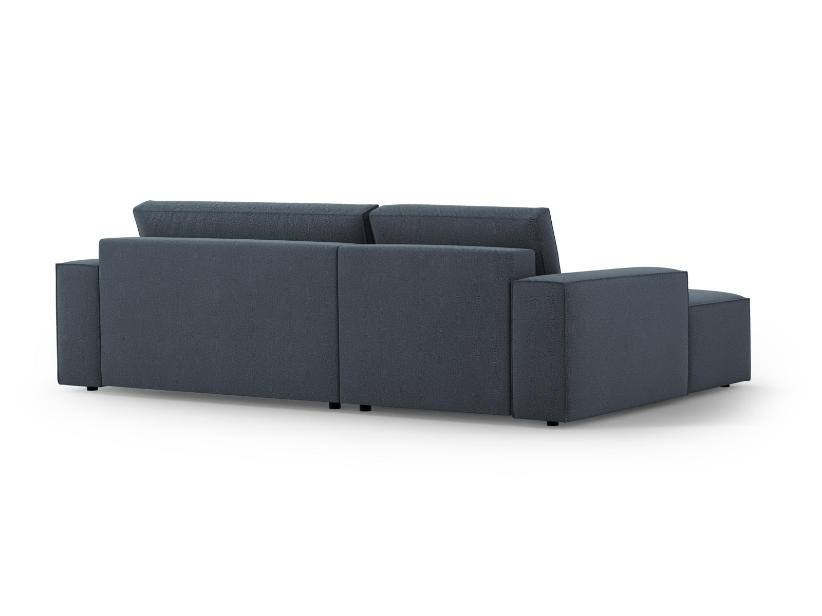 Modernes Jodie Ecksofa links in stilvollem Blau, ideal für kleine Räume, bietet Schlafgelegenheit und Stauraum für Kissen und Decken.