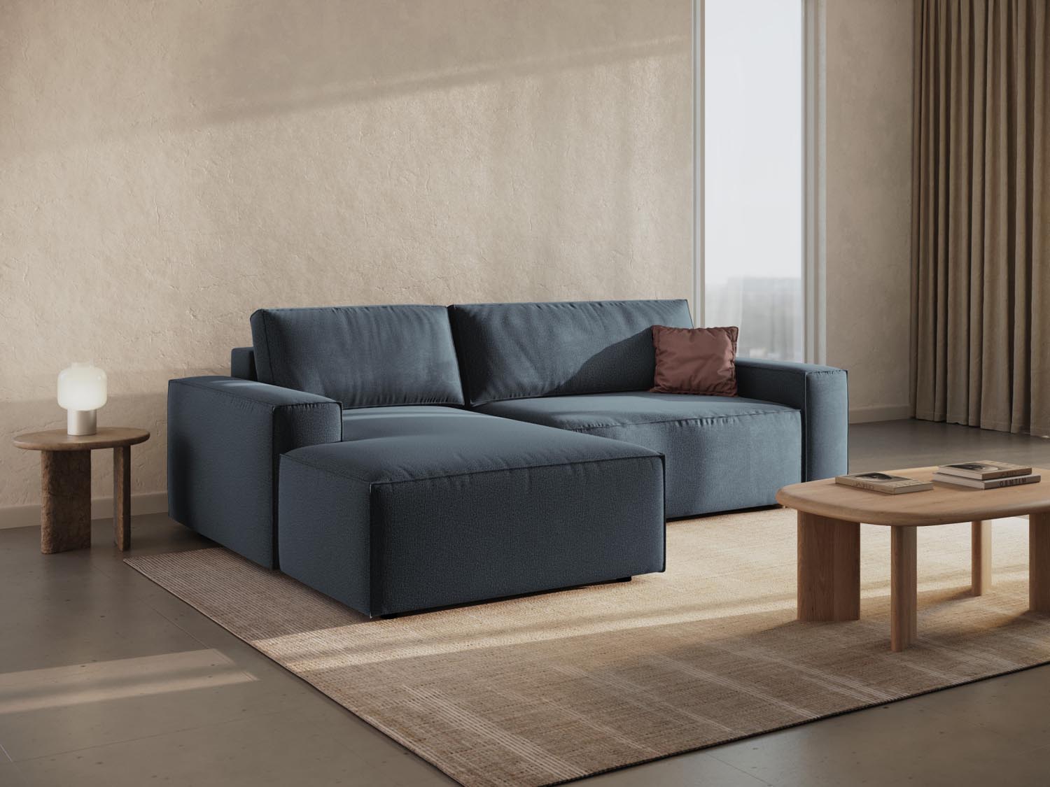 Stylisches Jodie Ecksofa links in Blau mit Schlaffunktion und Stauraum, ideal für moderne Wohnräume und gemütliche Nächte.