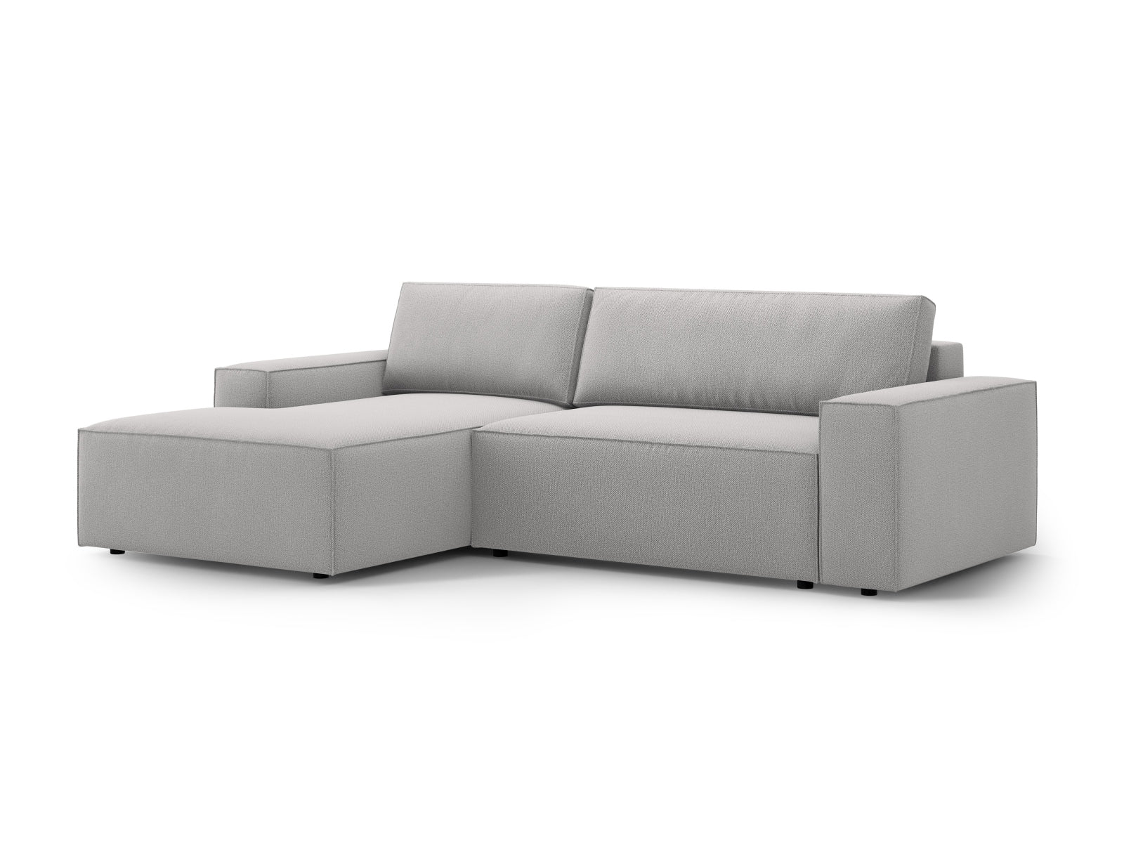 Elegantes Jodie Ecksofa links in sanftem Hellgrau, ausgestattet mit praktischer Schlaffunktion und Stauraum, perfekt für jedes Zuhause.