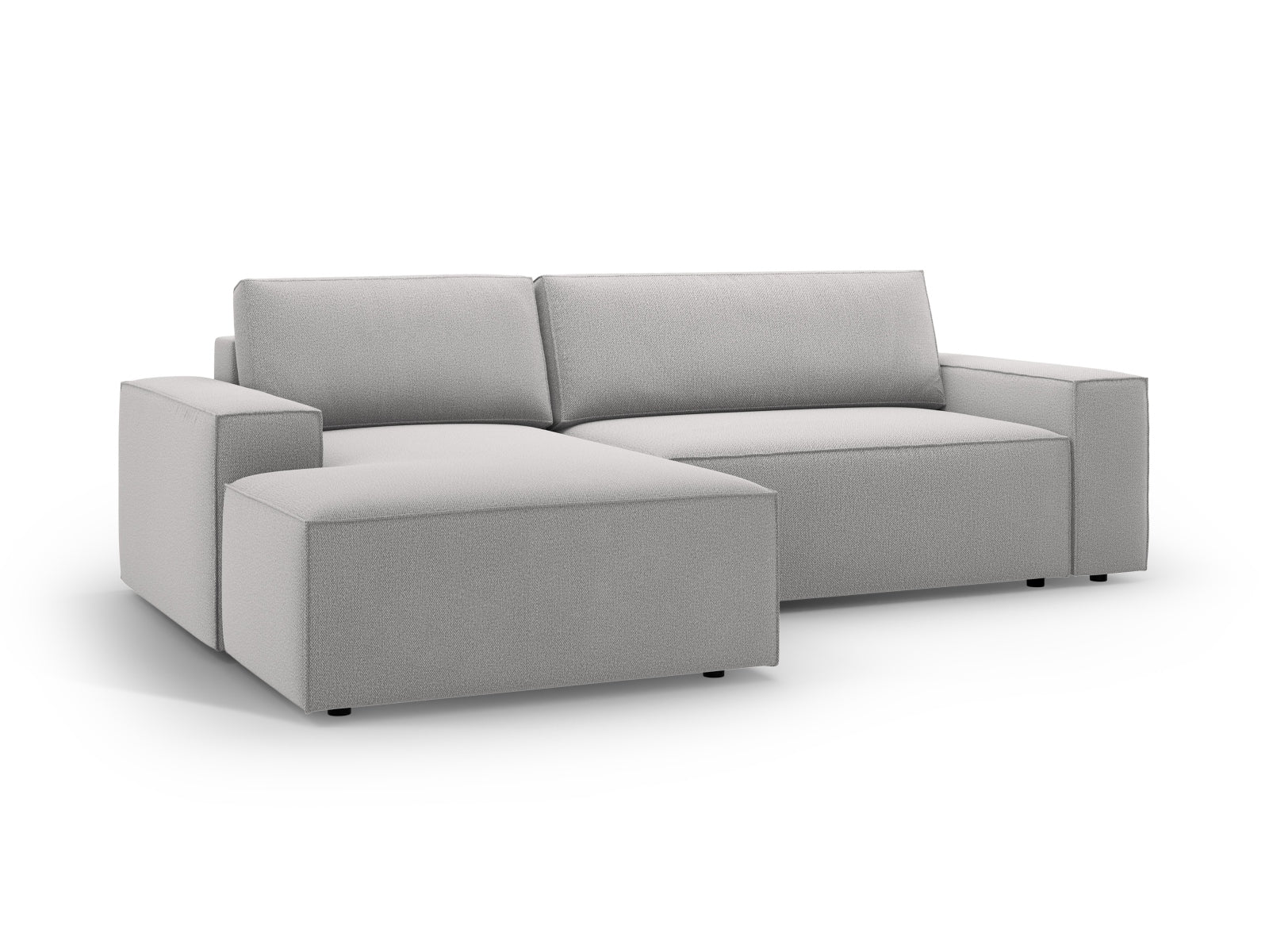 Stylisches Jodie Ecksofa links in zeitlosem Grau, perfekt für entspannte Abende und bietet praktischen Stauraum für Ihre Wohnaccessoires.