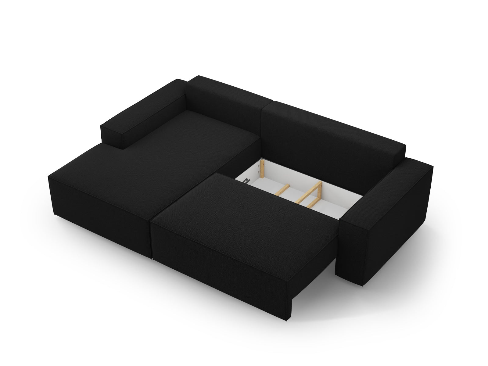 Elegantes Jodie Ecksofa links in Schwarz, perfekt für kleine Räume, bietet Schlafgelegenheit und praktischen Stauraum für Kissen und Decken.