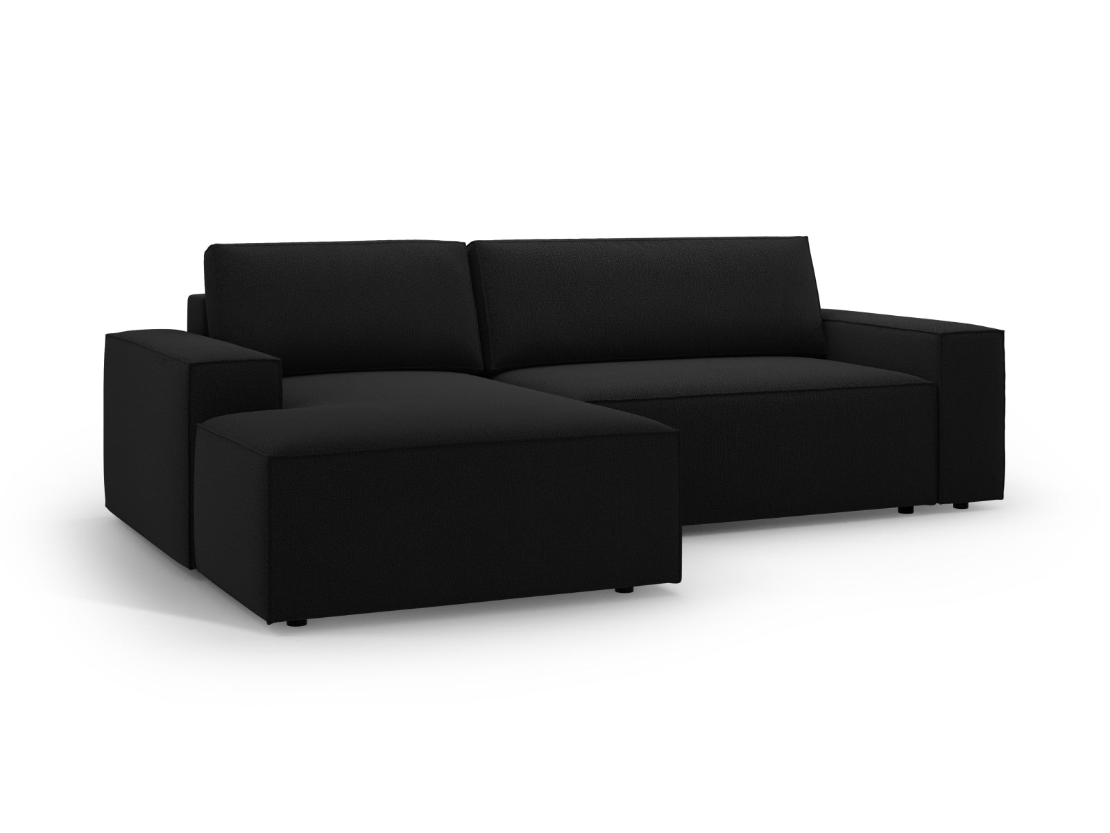 Elegantes Jodie Ecksofa links, perfekt für kleine Räume, bietet eine praktische Schlaffunktion und zusätzlichen Stauraum für Kissen und Decken.