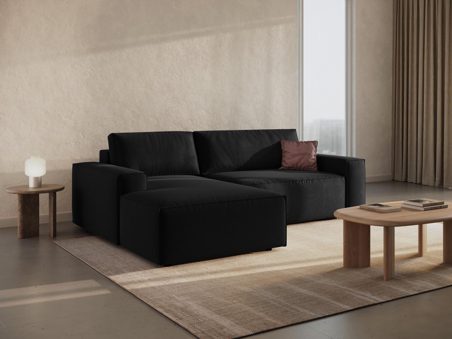 Stylisches Jodie Ecksofa links in Schwarz mit Schlaffunktion und Stauraum, ideal für moderne Wohnräume und gemütliche Nächte.