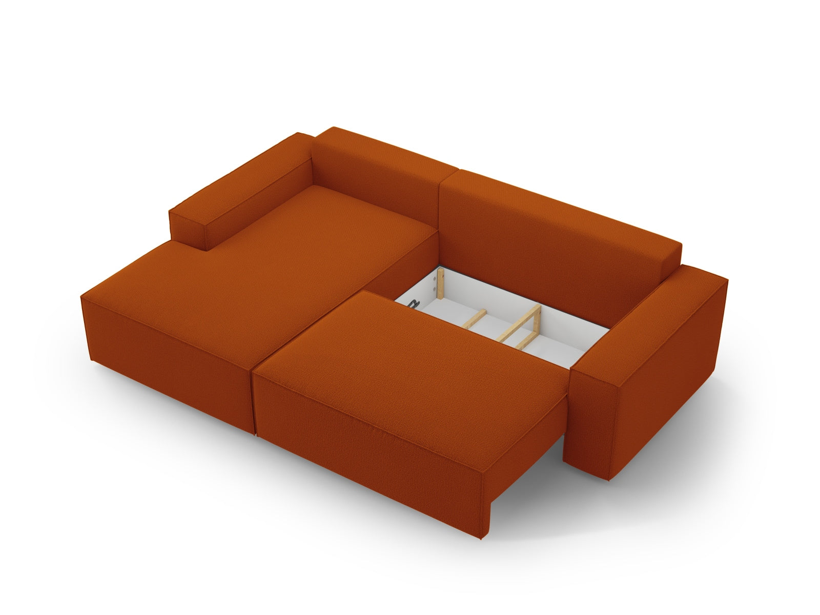 Elegantes Jodie Ecksofa links in warmem Terracotta, perfekt für gemütliche Stunden und ausgestattet mit praktischem Stauraum für Ihre Wohnaccessoires.