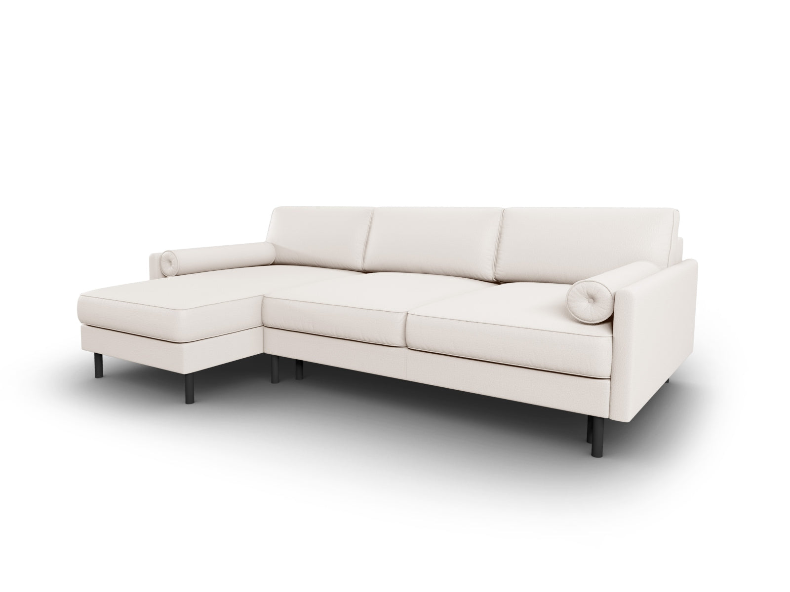 Elegantes Scott Ecksofa links in hellem Beige, bietet Schlafgelegenheit und praktischen Stauraum, perfekt für stilvolle Wohnzimmer.