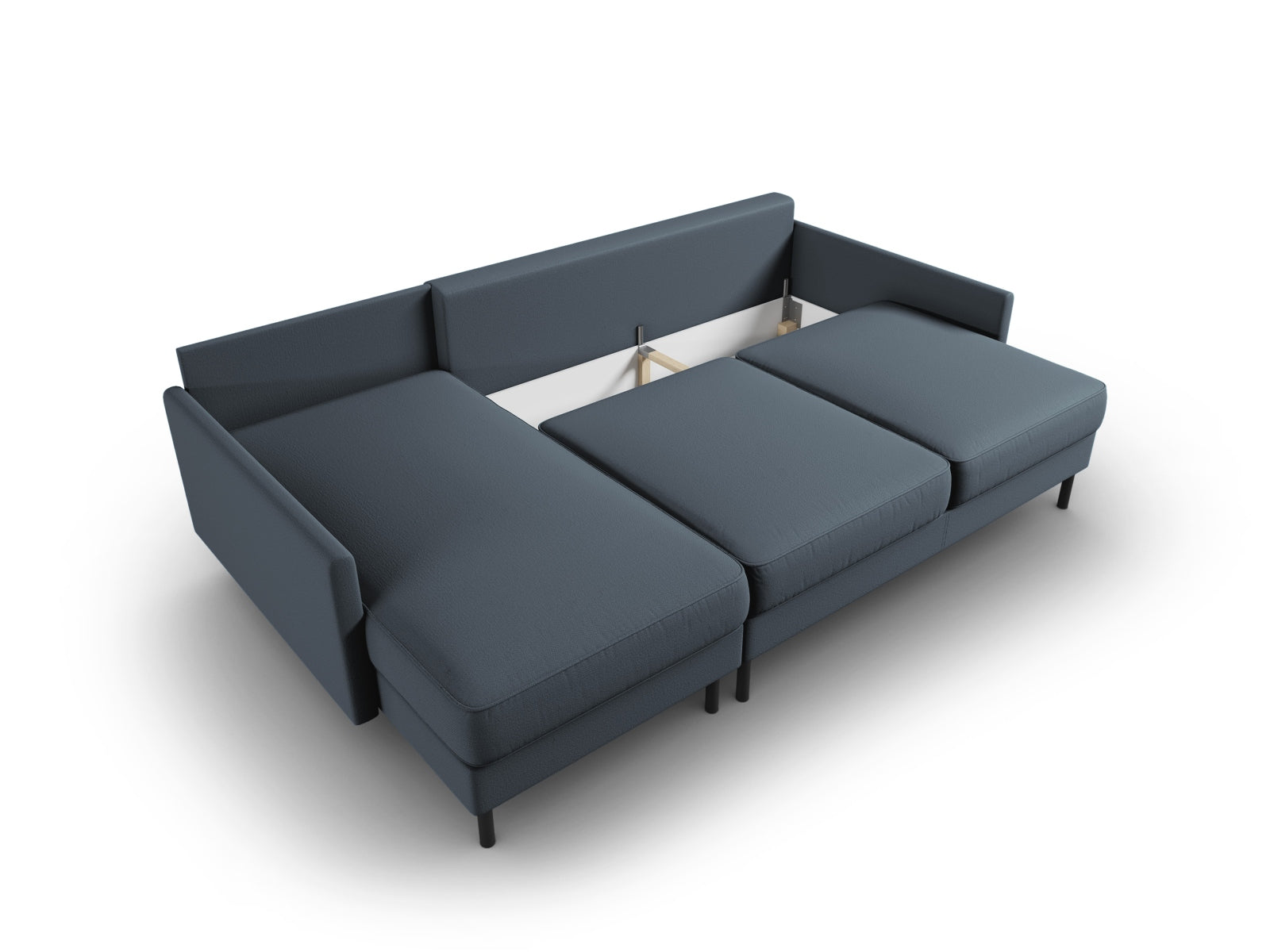 Modernes Scott Ecksofa links in stilvollem Blau, ideal für 5 Personen, ausgestattet mit praktischer Schlaffunktion und Stauraum für Wohnaccessoires.