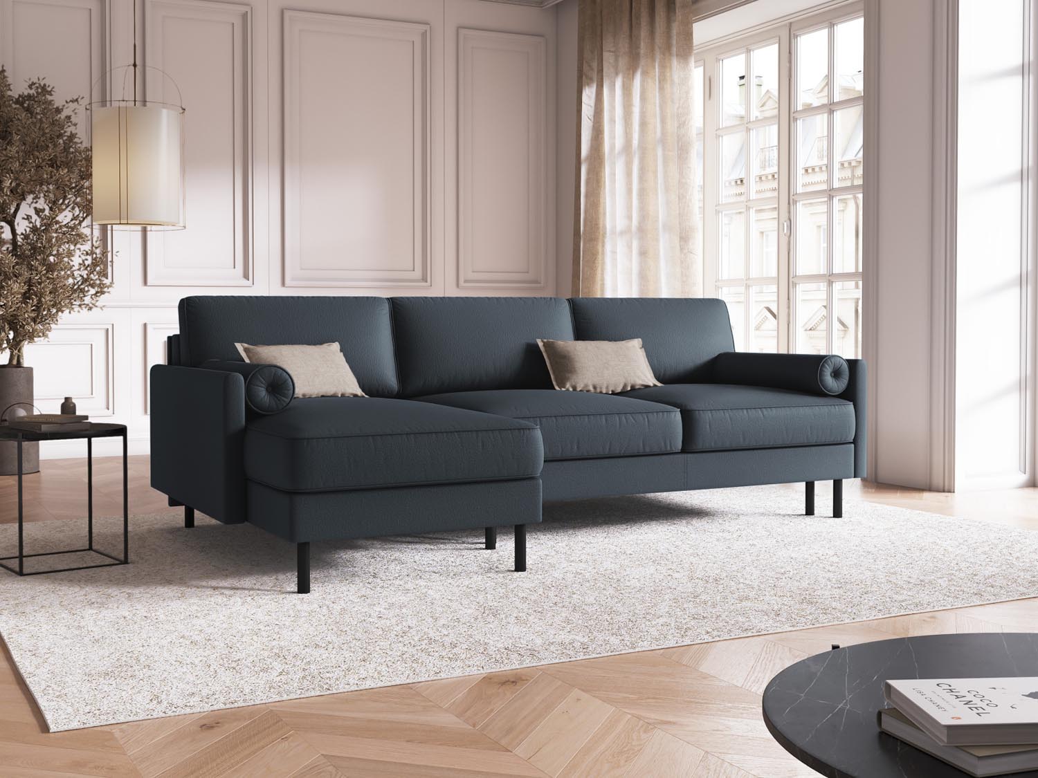 Stylisches Scott Ecksofa links in Blau mit Schlaffunktion und Stauraum, ideal für gemütliche Abende und als Schlafgelegenheit.